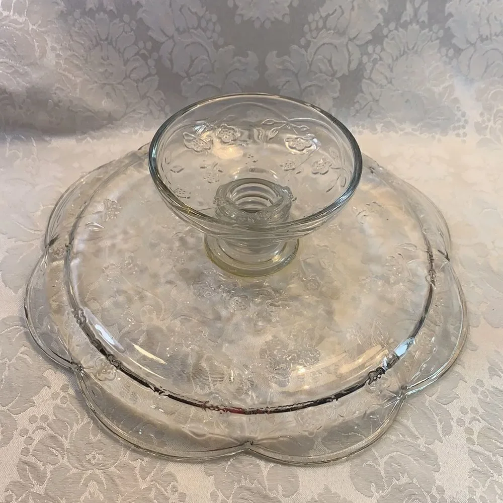 Savannah Style Vintage Cake Serving Flower Embossed Scalloped Pedestal Platter